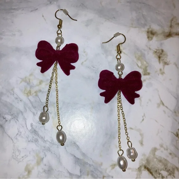 Burgundy Bow Pearl Dangling Statement Earrings Whimsy Coquette Spring Jewelry - Picture 3 of 10
